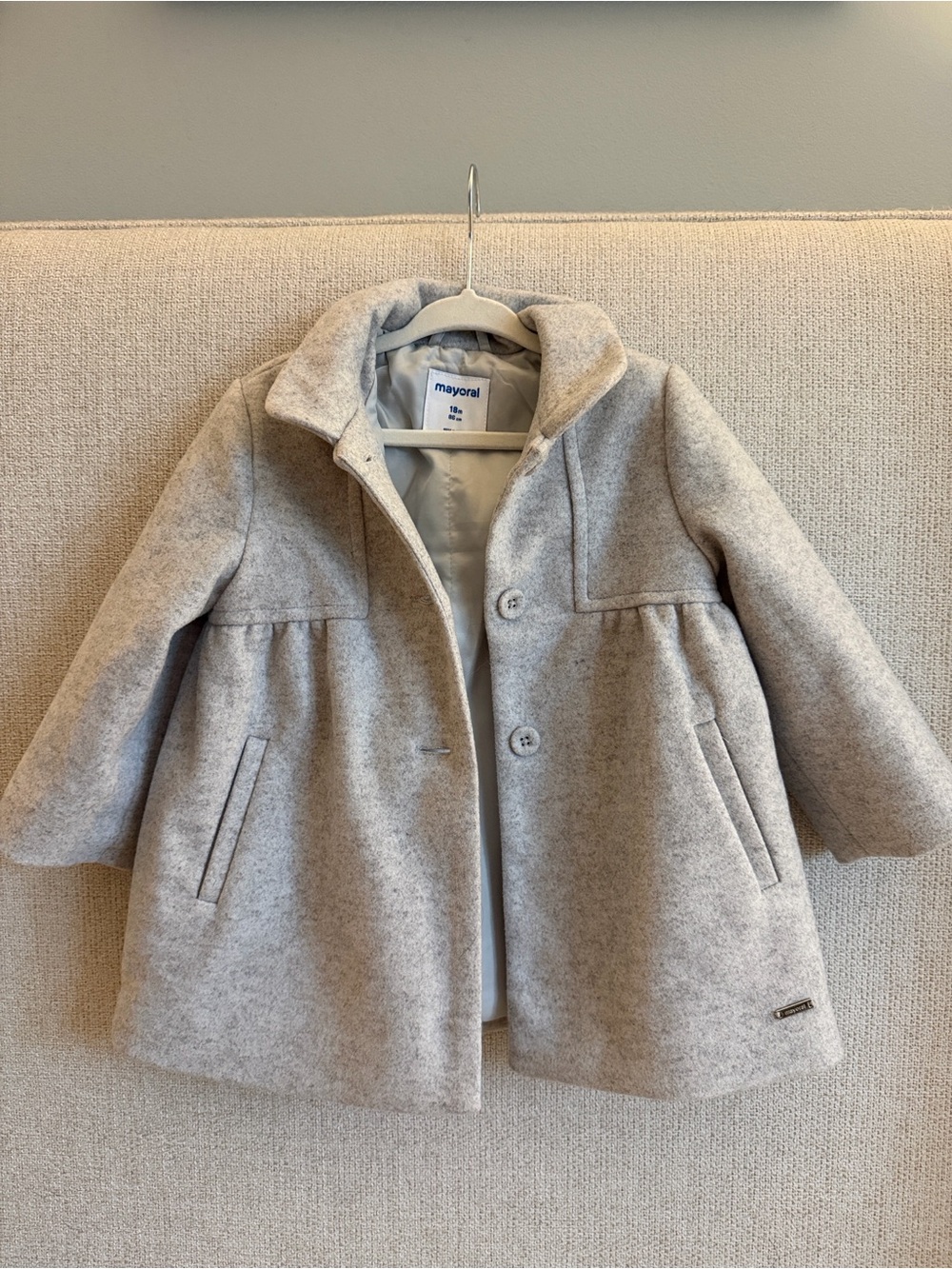 Mayoral Girls' Light Gray Pea Coat Jacket & Coat Like New 18 Mo